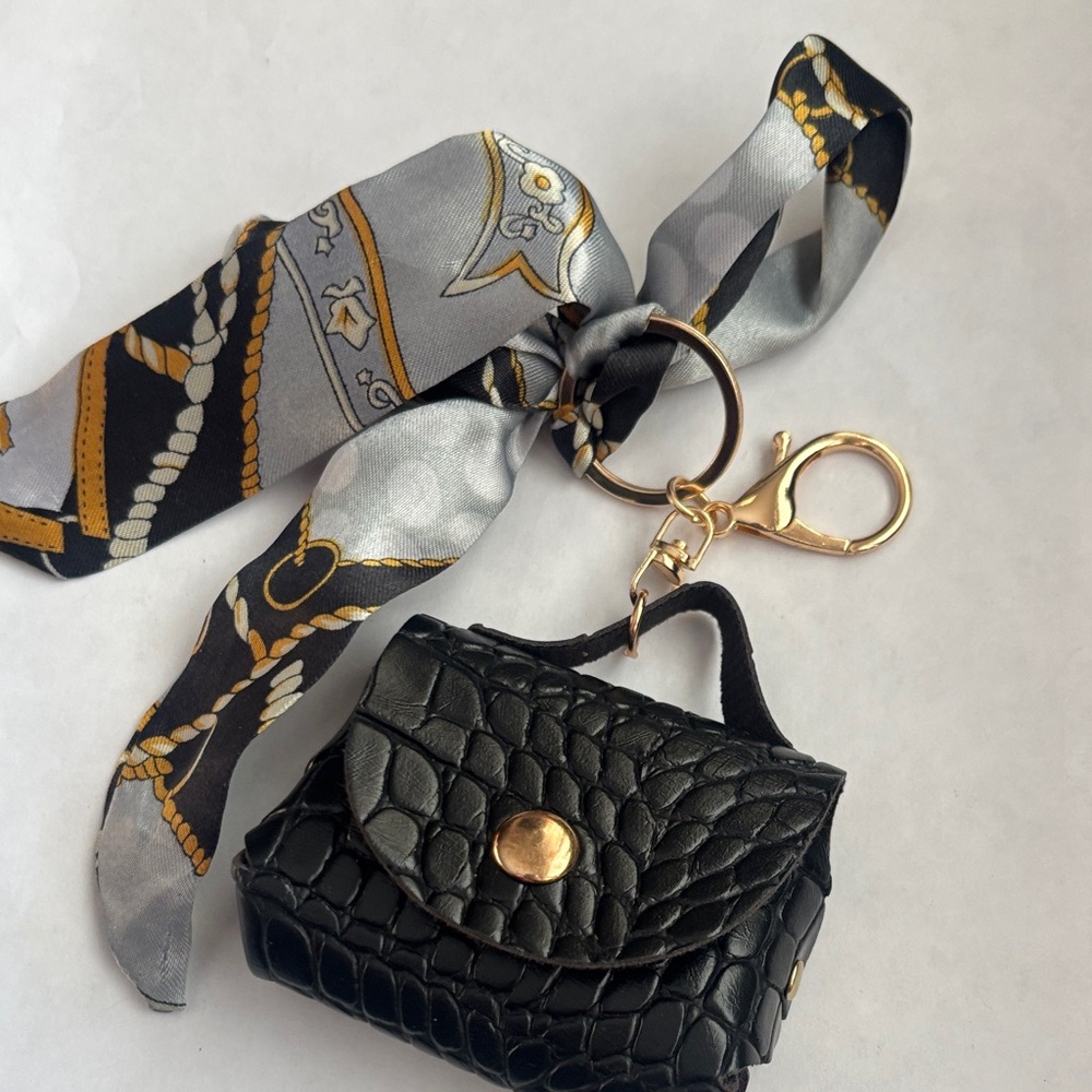 Stylish Black Textured bag Keychain/bag charm with Scarf Accent - Picture 2 of 6